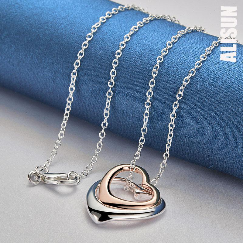 925 Sterling Silver Rose Gold Double Heart Pendant Necklace Fashion Wedding Jewelry