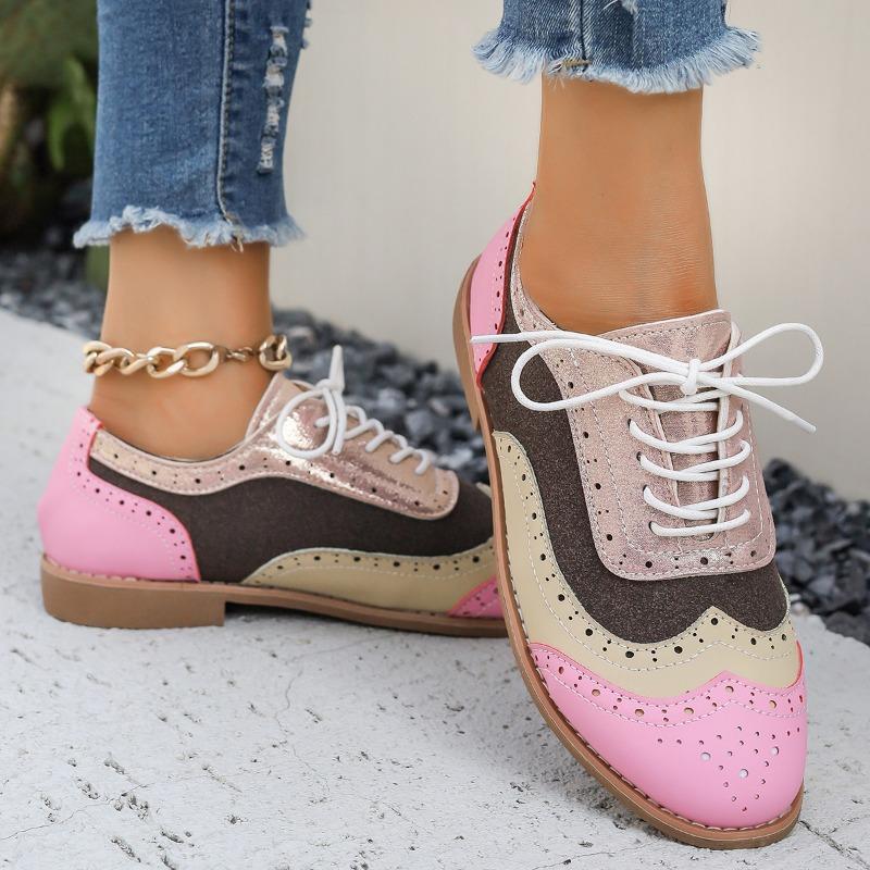 Spring and autumn burning flower block single shoes women's color matching lace-up round head single shoes women