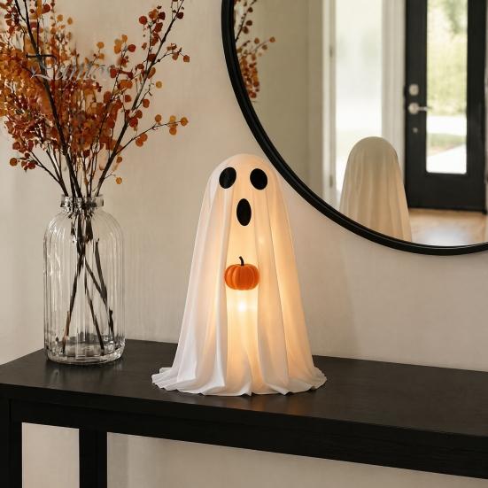 Children Party Favors Halloween Ghost Decoration, Light-Up White with Pumpkin, Indoor Holiday Home Decorations Cute Standing Tabletop for Decor