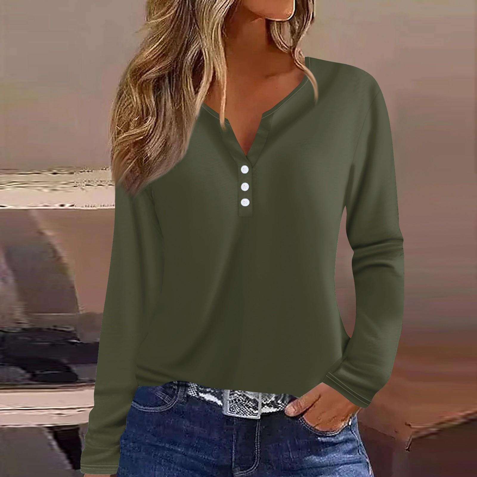 

Жен. Футболка Футболка на пуговицах с длинным рукавом Повседневные Выходные Мода Классический Топ с v-образным вырезом Обычный M армия зеленый