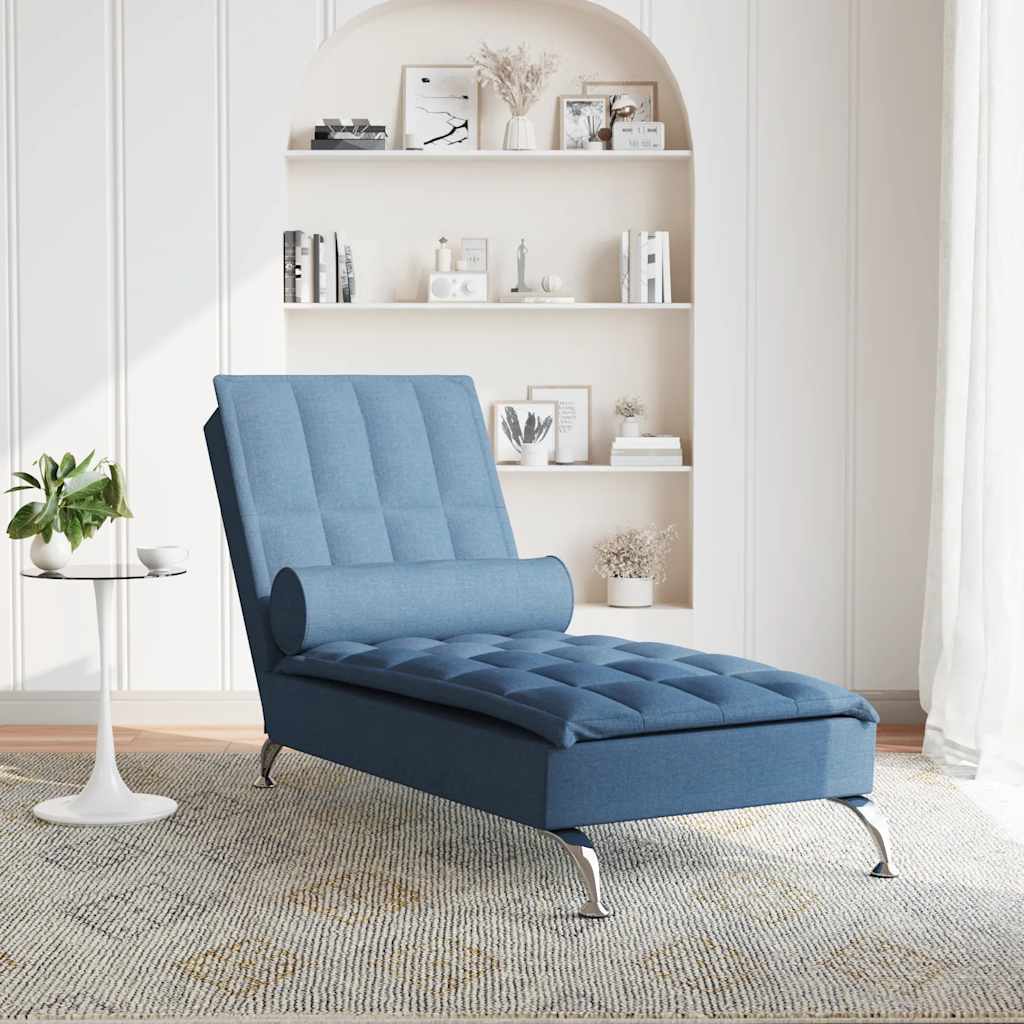 Massage Chaise Longue with Neck Roll Blue Fabric