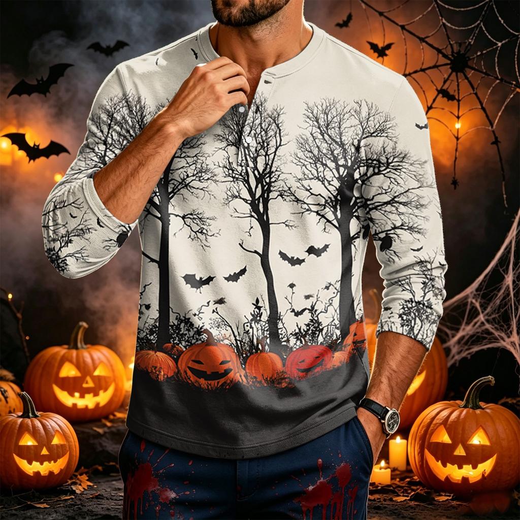 Men's Long Sleeve Tee with Halloween Print for Casual Wear