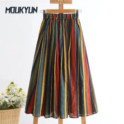 Summer Women High-waisted Colorful Stripe A-line Skirt Vintage Midi A-line Long Skirt With Big Swing Fladas
