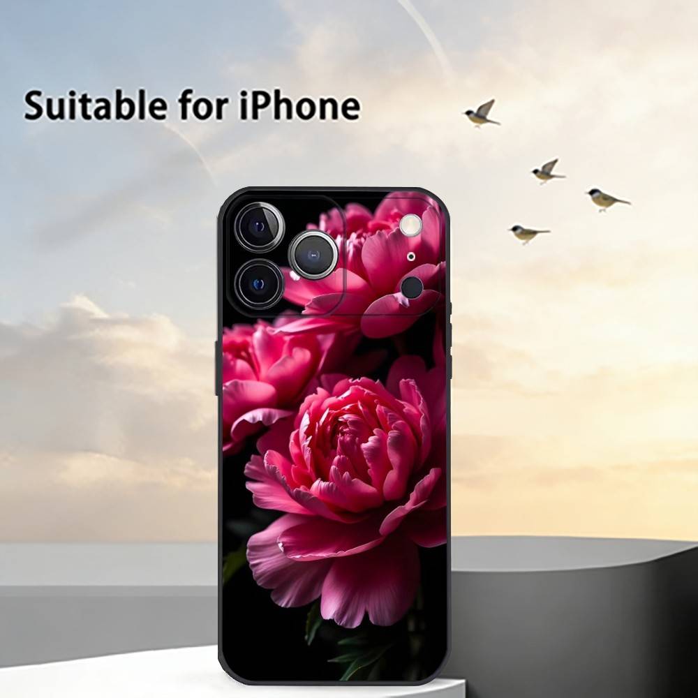 Elegant Peony F-Flower Phone Case For iPhone 17,16,15,14,13,12,11 Plus,Pro Max,XS,Soft Silicone Black Cover