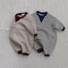 Striped Color Block Infant One-Piece Romper with Snap Crotch, Plus Velvet, Warm and Fashionable Winter Suit for Babies and Toddlers
