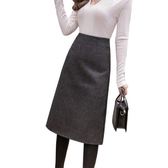 A-line Houndstooth Woolen Skirt - High Waist, Plus Size, Over-the-Knee, Autumn/Winter