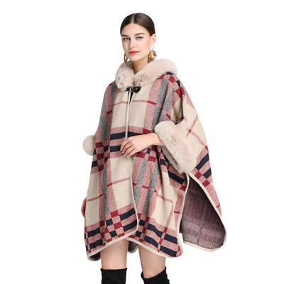 Winter Women's Cape Shawl Fur Collar Hooded Loose Plaid Cardigan Large Size Seven-point Sleeves Tweed Jacket
