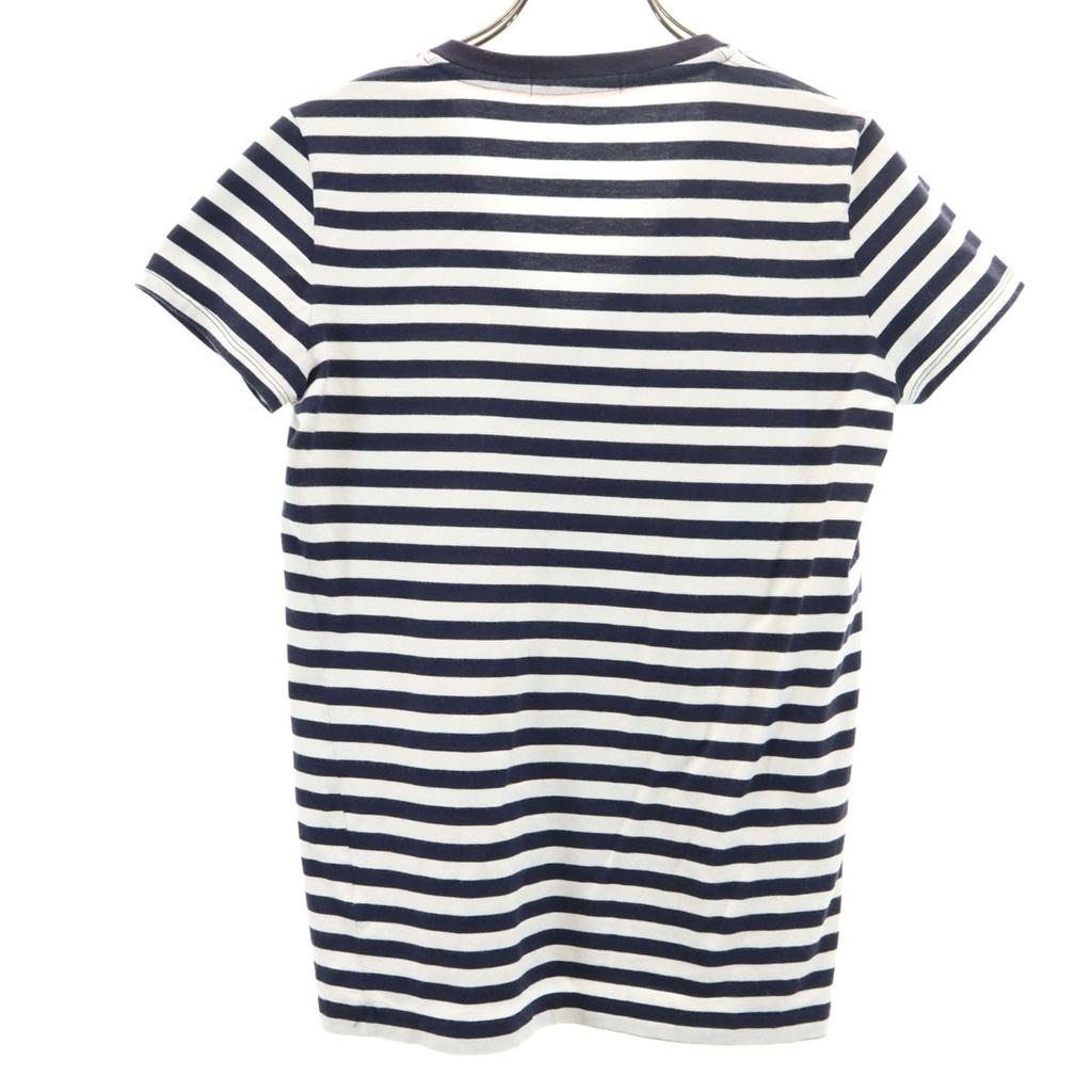 LACOSTE Border Pattern French sleeve V neck T-shirt 36 Navy Women Used