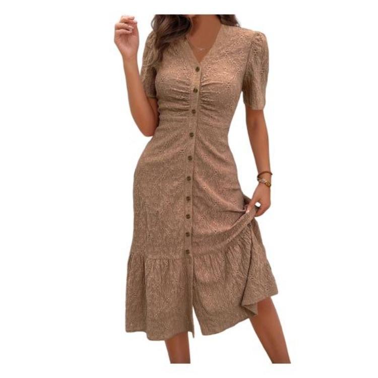 Summer Casual V Neck Short Sleeve Maxi Dress Women Beach Sundress Ruched Button Down Long A Line Swing Dress