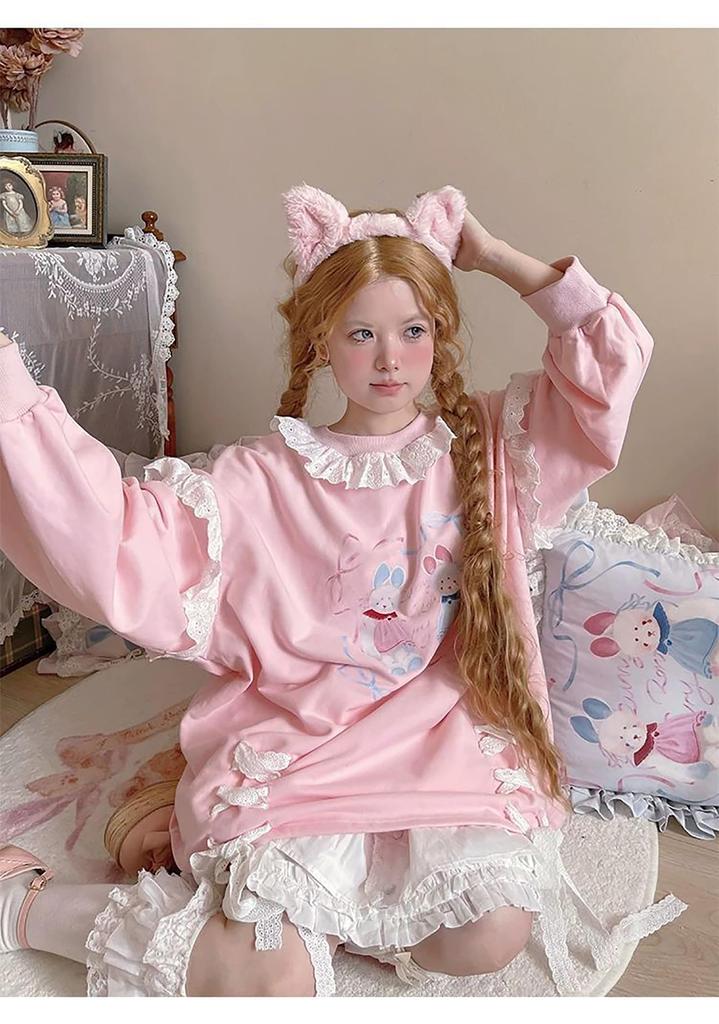 LAVASEON Cute Rabbit Print Long Lace Collar with Loose Korean Student Mori Girl Plus Sizes Hoodie, Length, Women's, Ribbon, School-Style, Fit,