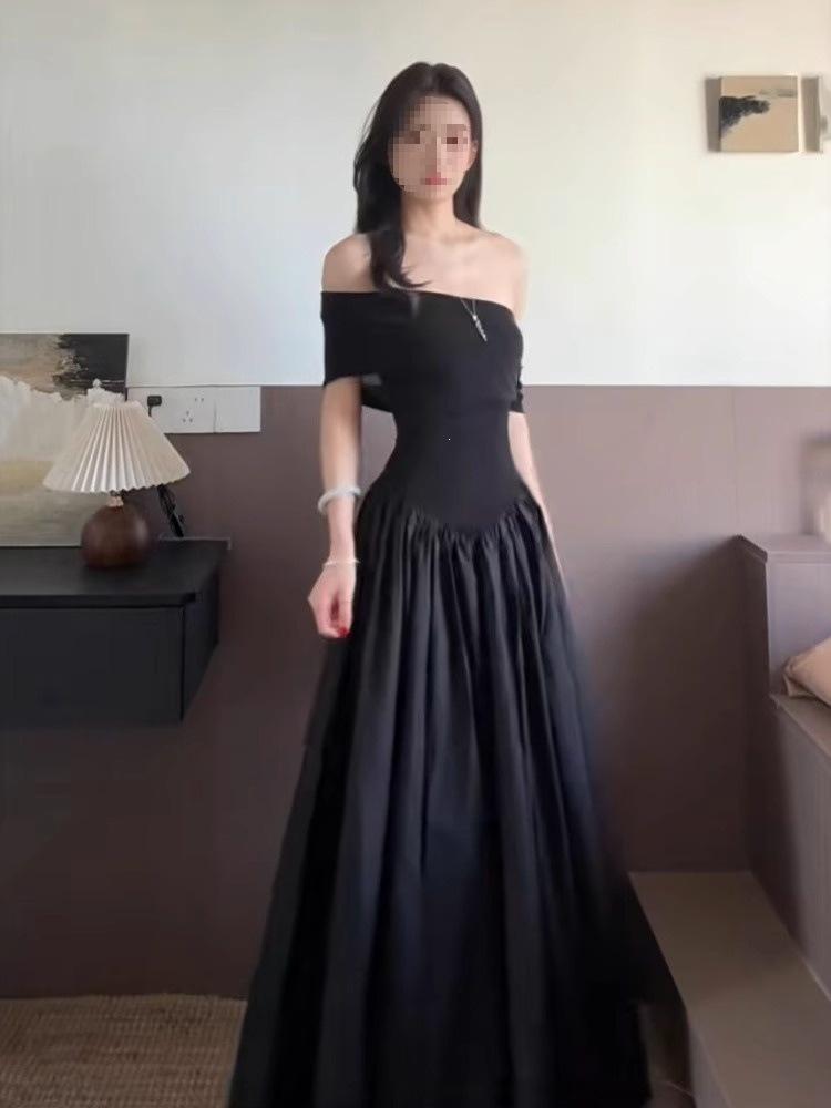 French Pure Desire Style One-word Shoulder Short-sleeved Dress Women's Summer New High-end Temperament Waist and Thin Long Dress