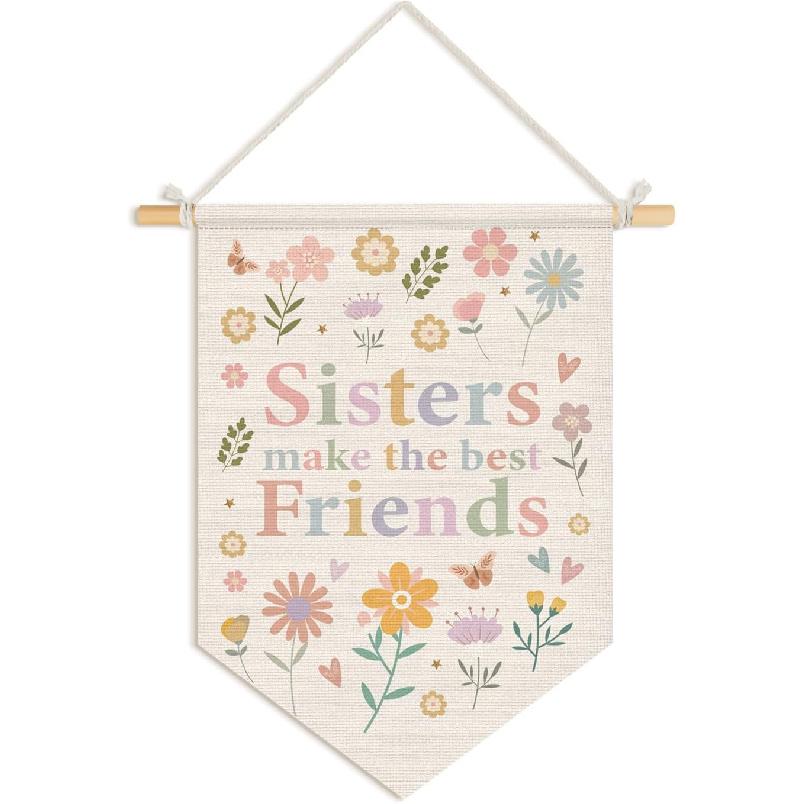 Wheatwin Girls Room Decor, Sisters Make the Best Friends Wall Hanging Pennant Flag Banner, Boho Pastel Floral Wall Decor for Nursery Toddler Baby