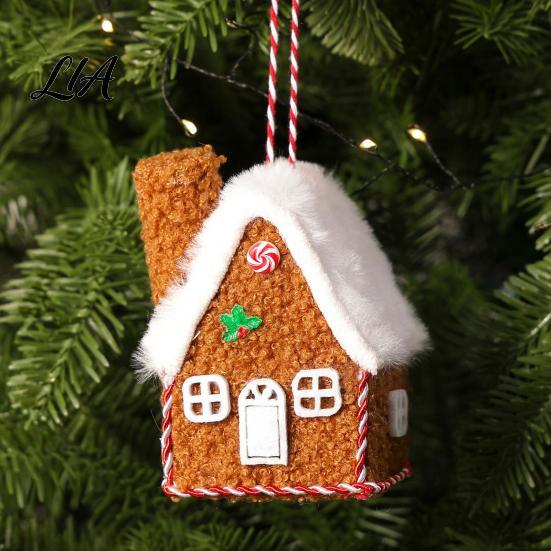 Seasonal Home Festive Accent Plush Christmas House Hanging Ornament, Fabric Gingerbread Cabin Pendant with Tiered Tray Display Figurine Rope,