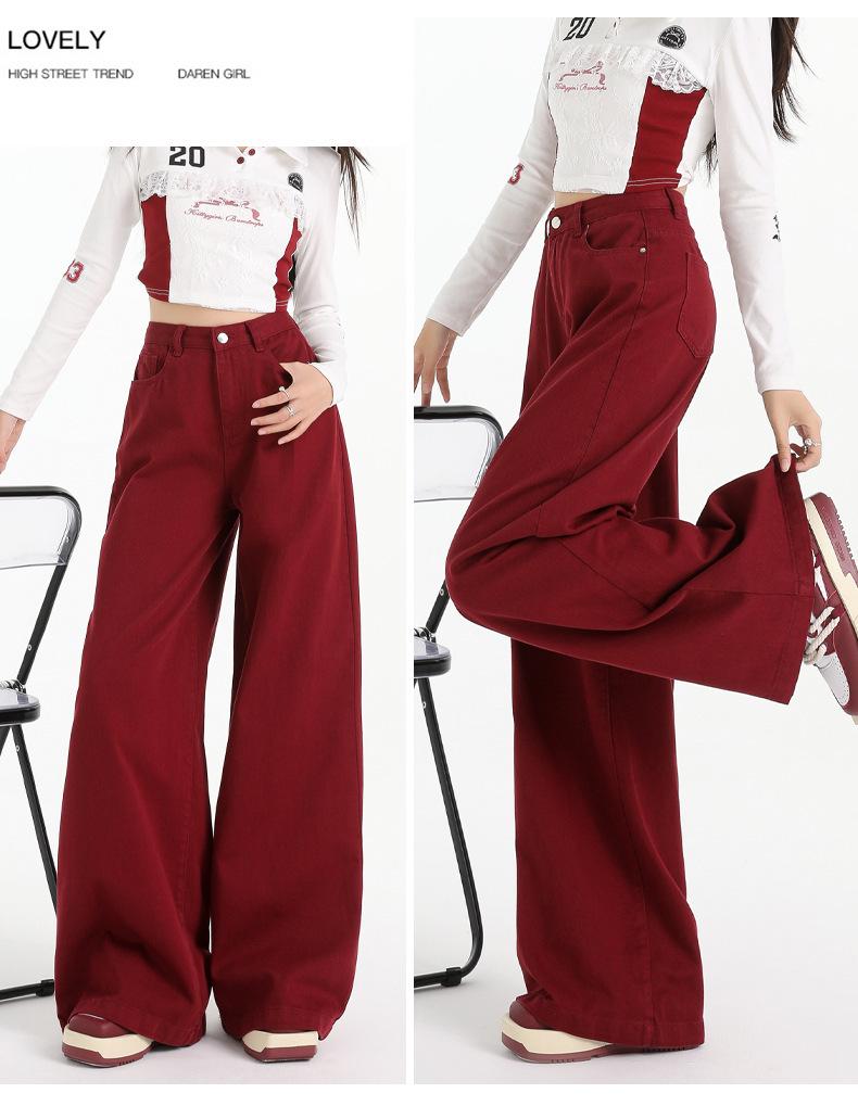 

Women s Wide-leg Jeans High Waist Slimming Fashionable Drape Casual Versatile Floor-length Trousers XS червоний