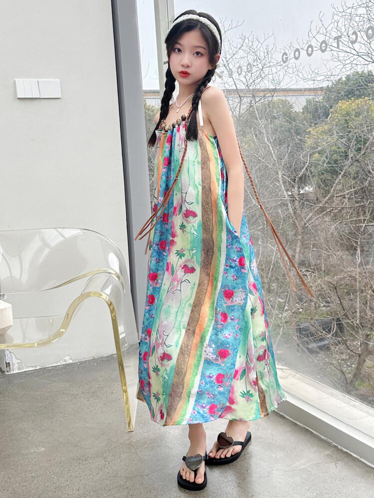 Girls' Bohemian Vacation Style Retro Dress