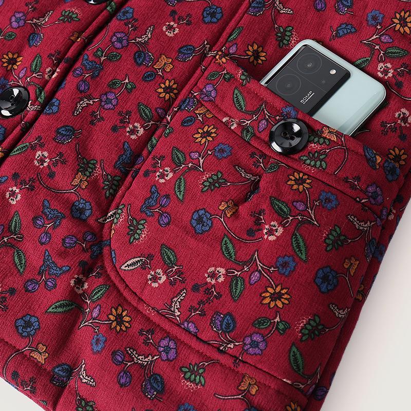 Pure Cotton Jacquard Jacket - Fleece-Lined Winter Coat for Middle-Aged and Elderly Women