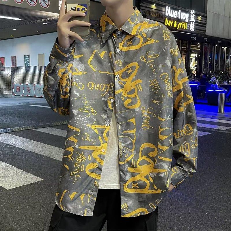 Summer New Youth Students Hong Kong Style Full Printed Short-Sleeved Shirt Korean Style Shirt Men's Long Sleeve Casual Top Shirt Coat