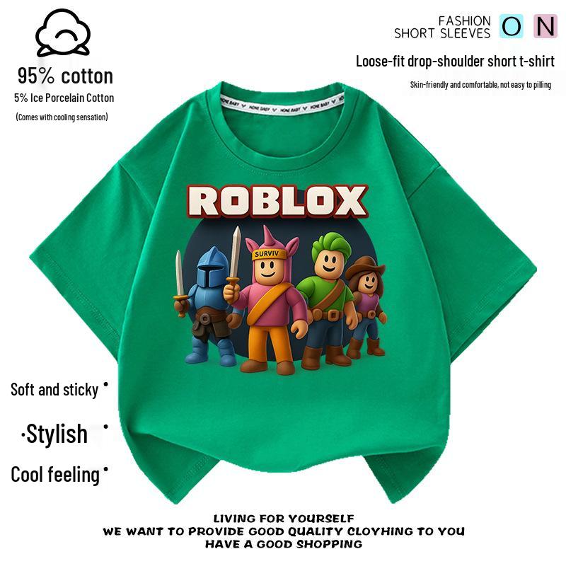 Roblox Kids Short-Sleeve Summer T-Shirts: Trendy, Loose Fit for Boys & Girls 150 cm зелёный