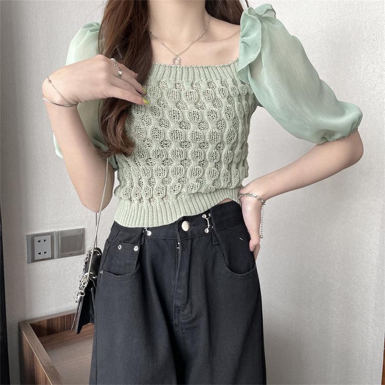 

Жіноча мода літня блузка з коротким рукавом та квадратним вирізом, коротка в язана сорочка, шикарні топи, повсякденні топи, короткі рукави, топи One Size зелений