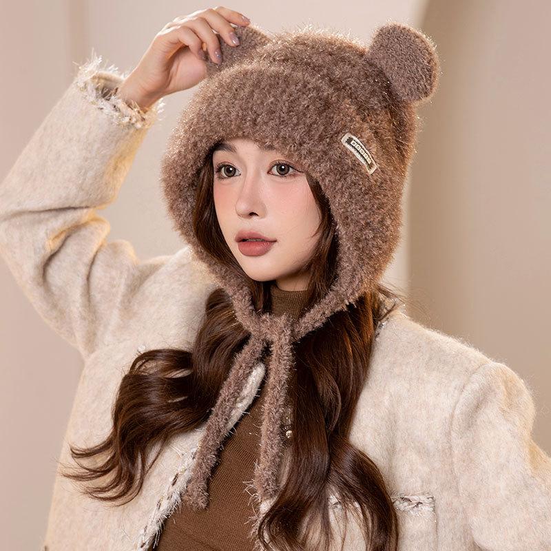 Cute bear fleece warm knitted ear hat women winter thickened cycling skiing plush pullover tide