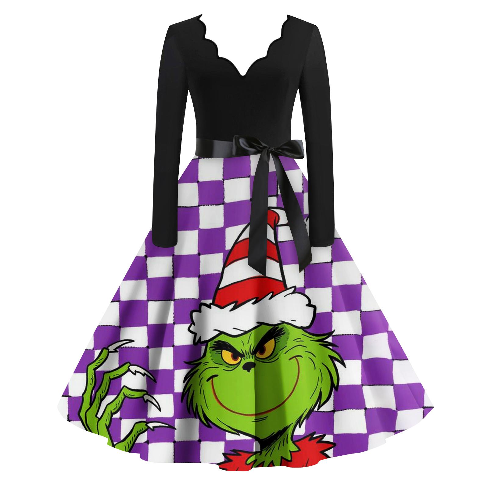 

Ladies Fashionable Retro Long Sleeved Square Neck Christmas Printed Evening Dress Dress XXXXXL