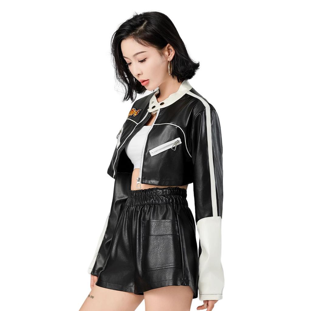 European And American Pu Women'S Leather Jacket, Locomotive Jacket, Spice Girl Style Short Contrasting Color Splicing Leather Top