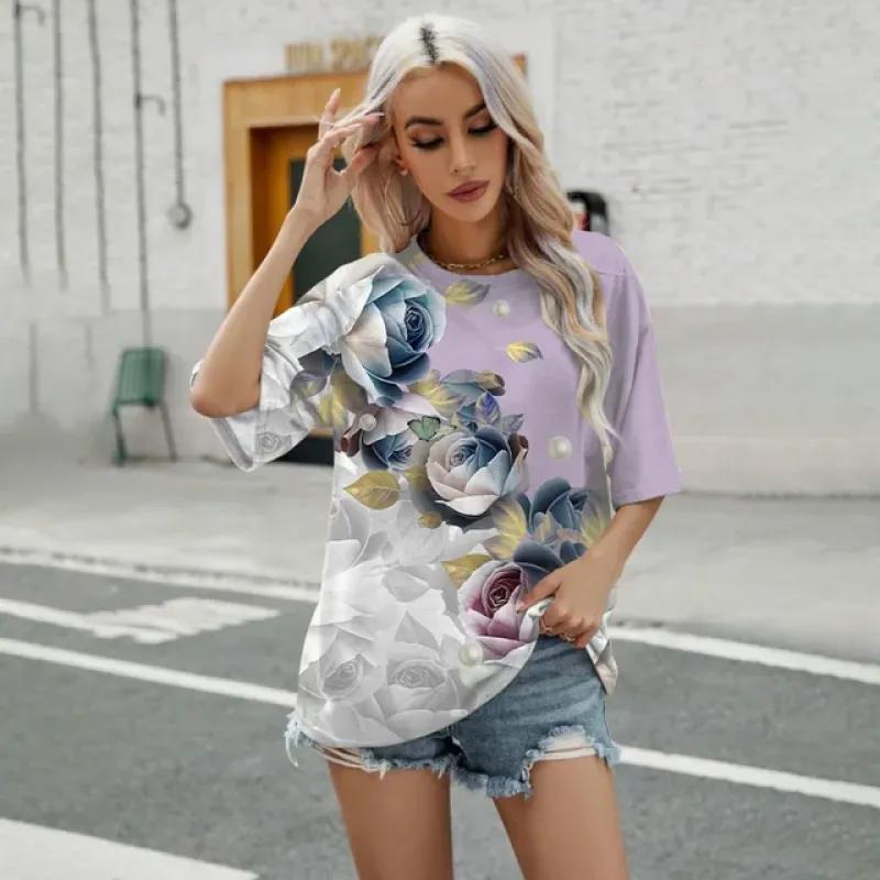 Elegant dame-t-skjorte Mote Blomstermønstertrykk T-skjorte Retro Populær Dame Kortarmet T-skjorte Sommer Fritids-t-skjorte