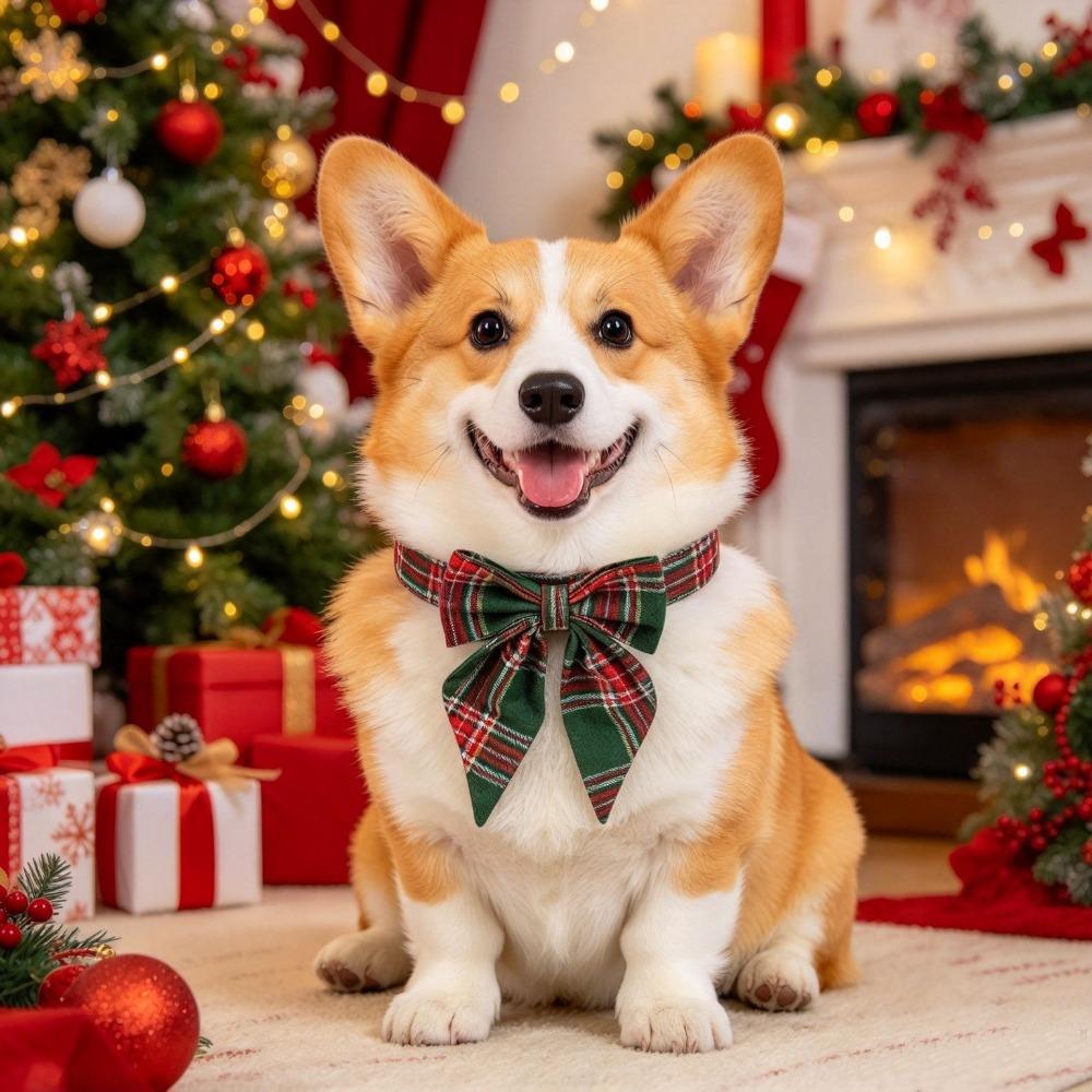 Soft Christmas Lattice Bow Dog Collar Adjustable Dog Drool Bibs Pet Dog Bow Tie  For All Seasons