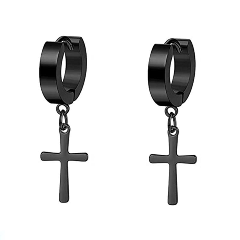 WKOUD 2PCS Stainless Steel No Piercing Cross For Men Kpop Clip On Cross Earring Gothic Punk Fake Ear Cuff Cross Earring Dangle