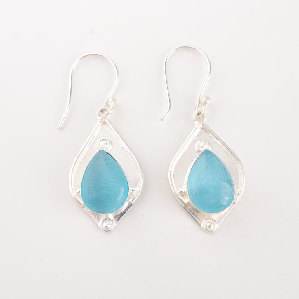 Blue Cat's Eye Gemstone 925 Sterling Silver Jewelry Fashionable Earrings 1.90" EE-35-43