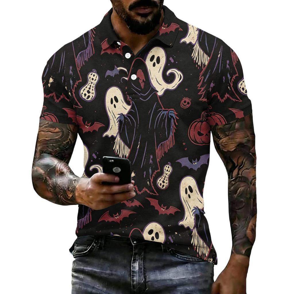 Men's Halloween Print Vintage Texture Short Sleeve Polo Shirt Loose Breathable Summer Sports Street Casual Daily Wear Top