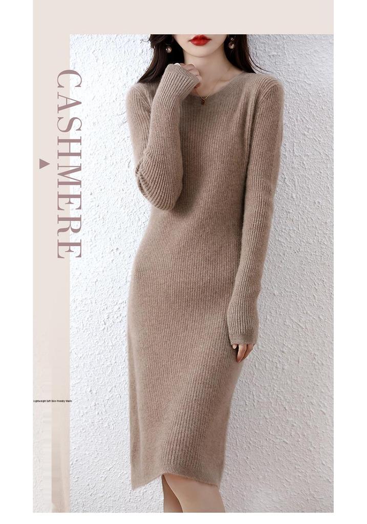 Women's Medium Slim Cashmere Wool Knee-Length Knit Dress - Round Neck, Autumn/Winter Base Layer