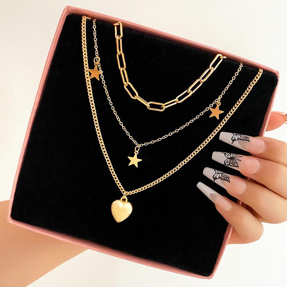 Retro Temperament Multi-layer Chain Necklace Women In Stacking Tide Collarbone Chain Love Pentagram Pendant Necklace