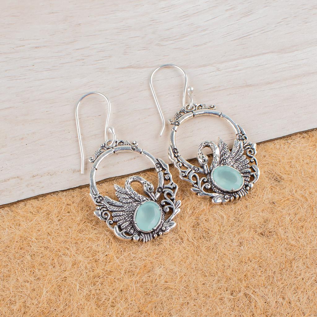 Bijoux en Argent Sterling 925 avec Pierre Précieuse Calcédoine Aqua Boucles d'Oreilles Pendantes 1,64" CE-2-3