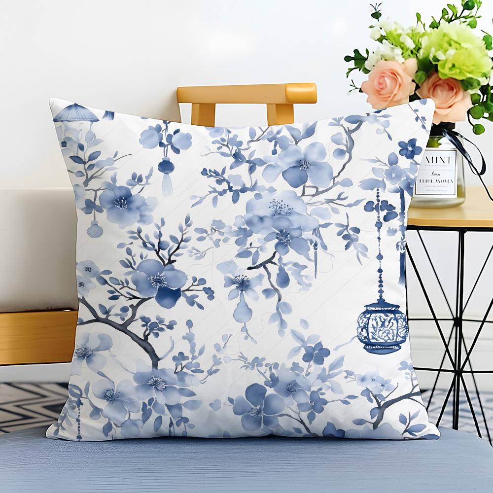Blue and White Porcelain Cushion Cover Washable Linen Pillowcase Soft for Sofa Bed Cozy Home Room Decor