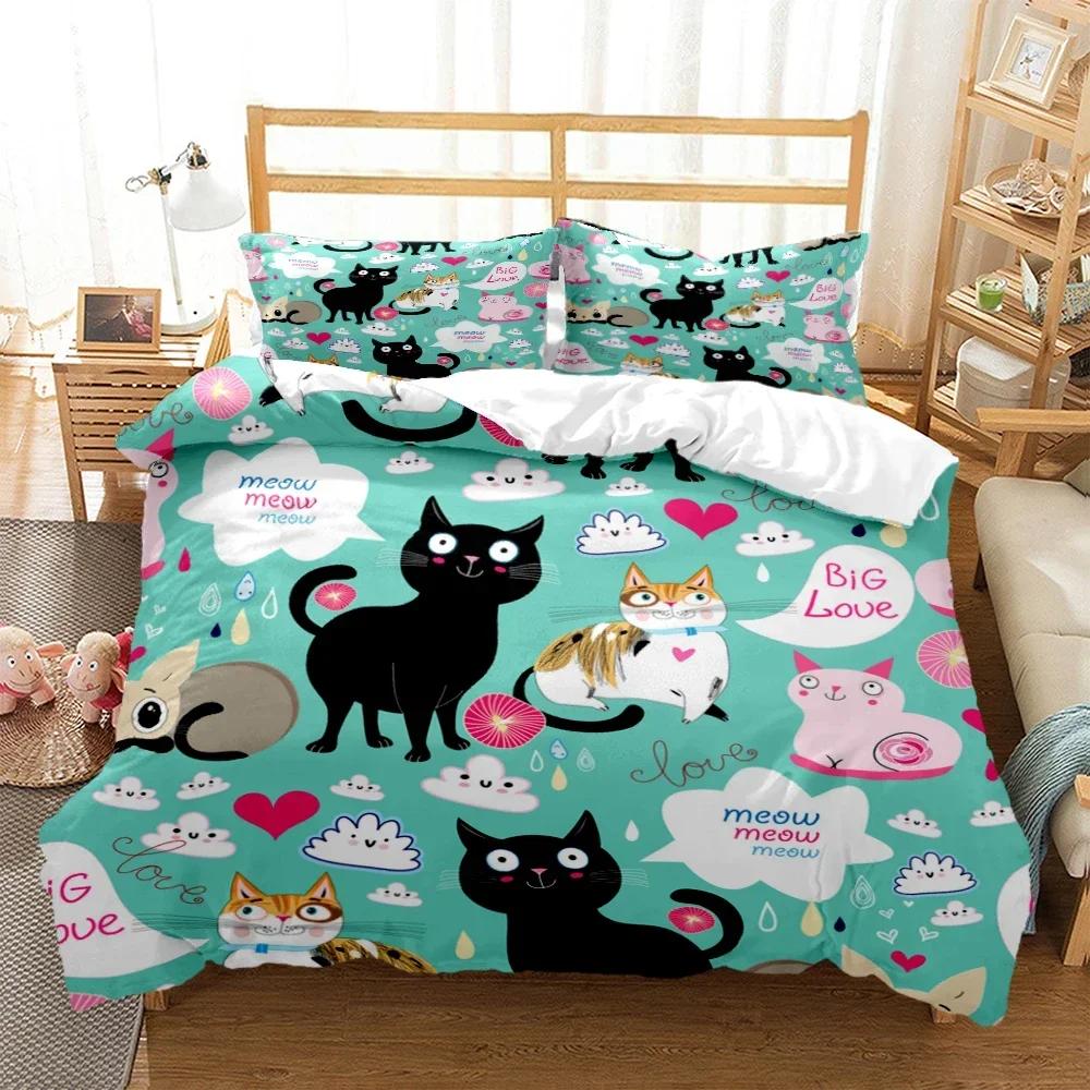 New 3D Print Cartoon Cat Print Comfortable Duvet Quilt Cover Pillowcase Bedding Set Children Bedroom Decoration Home Textile