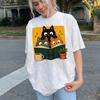 Retro Curious Reading Cats Graphic Tee, Book Lover Cat Shirt Unisex T-Shirt