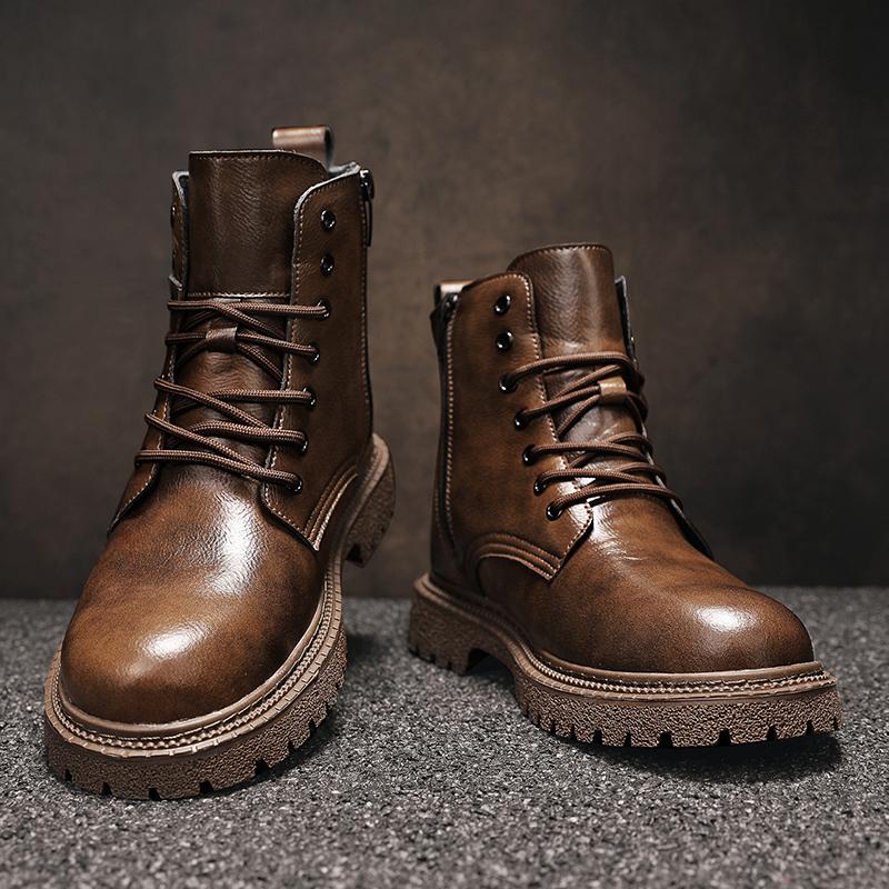 Módní pánské vintage kožené boty Módní vysoké protiskluzové ležérní boty Britský styl Šněrovací pohodlné boty na platformě pro muže