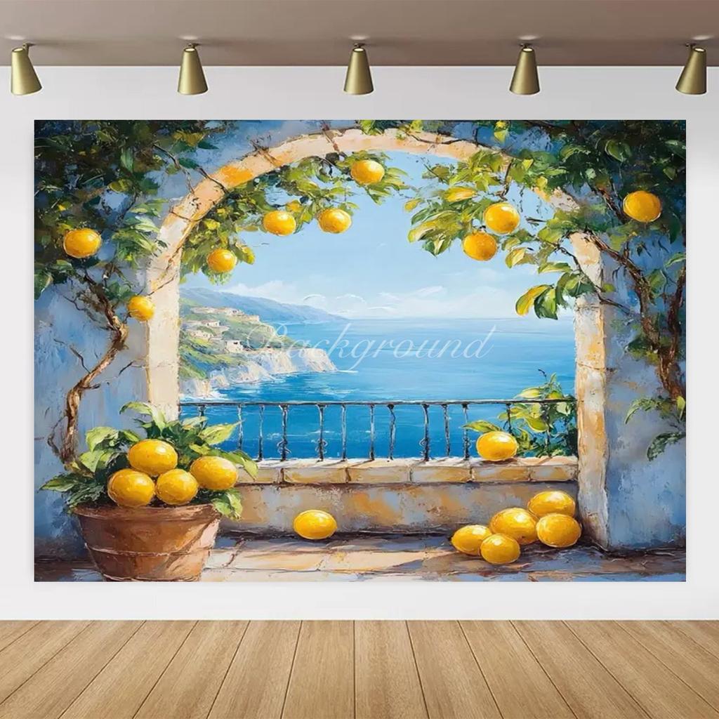 Banner Background with Lemon Tree Harvest Theme and Mediterranean Landscape Garden, Anniversary Room Decoration, Photo Backdrop