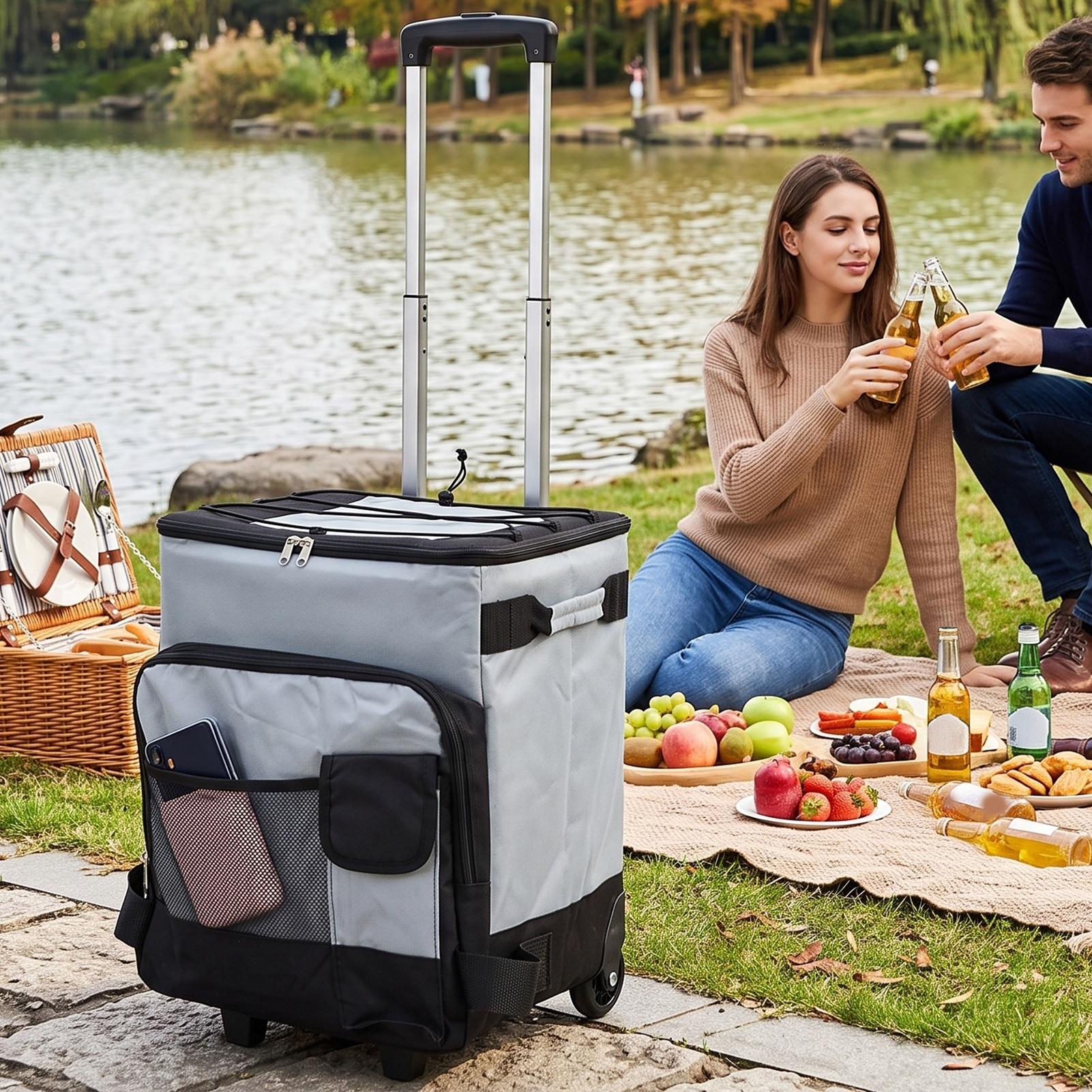 Glacière à roulettes grande capacité 43L Sac isotherme étanche avec roulettes et poignée pour Plage Camping Patio Voyage Extérieur