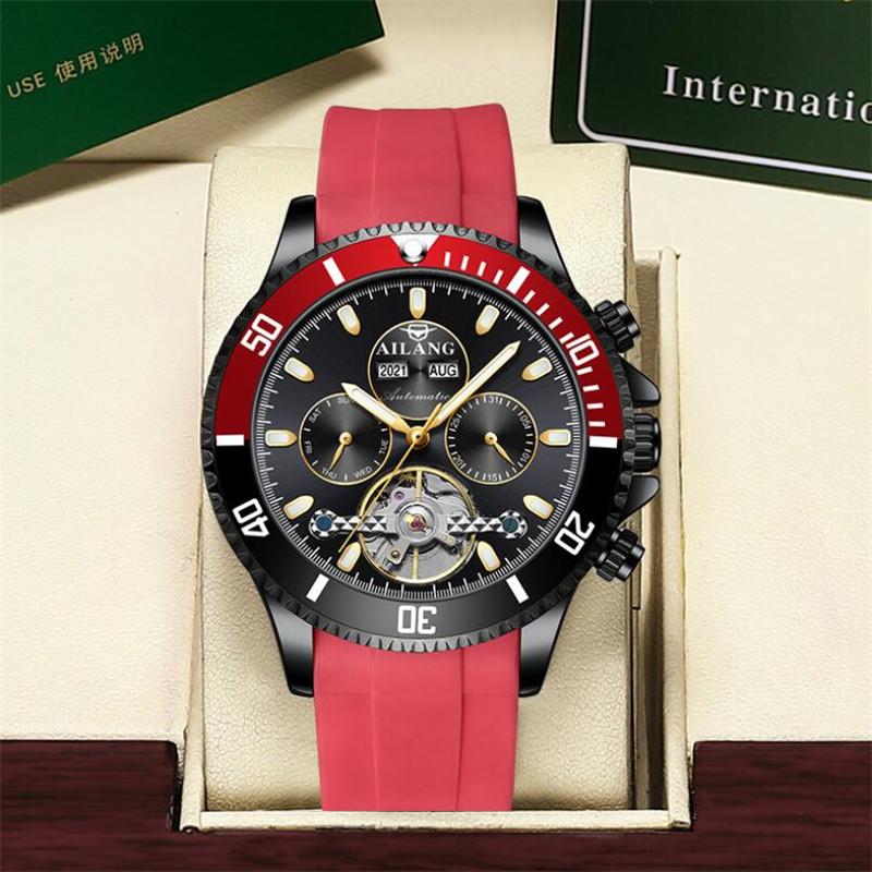 AILANG Luxury Black Red Case Multi-function Sports Tourbillon Watches Waterproof Automatic Mechanical Watch Men Reloj Hombre