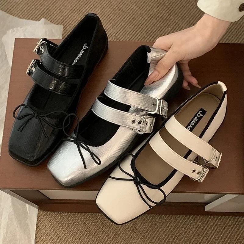 Fashion Vintage Square Toe Buckle Design Mary Jane Shoes Women Fashion Shallow Bow Brand Ballet Flats Comfortable Concise Casual Shoes