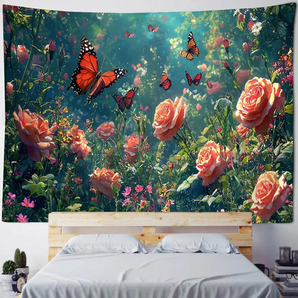 Flower Butterfly Printing Tapestry Dreamy Landscape Wall Hanging Cloth Mandala Hippie Home Decoration Bed Sheet Tablecloth
