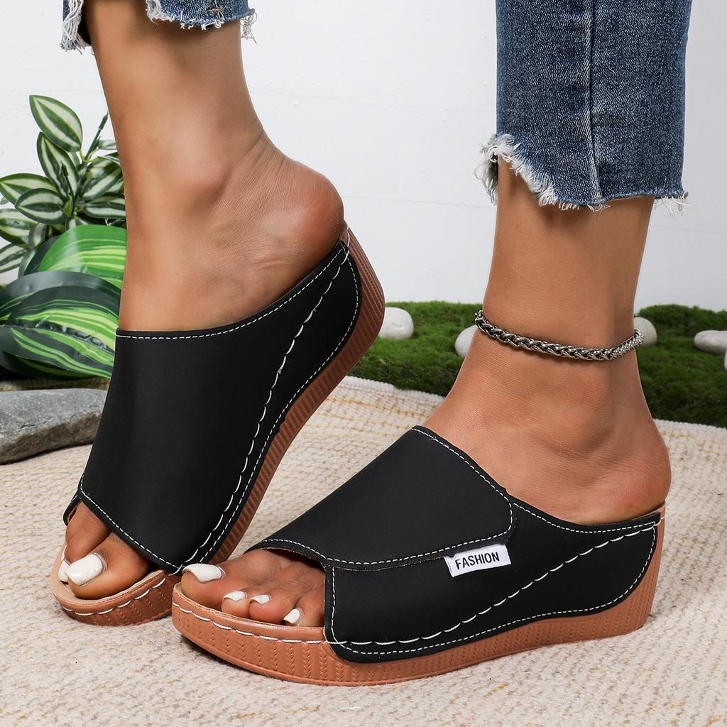 Large size platform casual slippers shoes new wide strip simple fish mouth wedge slippers