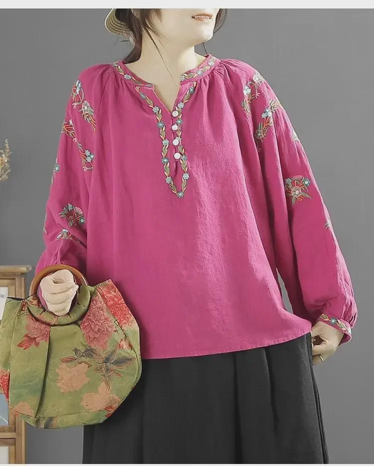 New Summer Ethnic Embroidered Long-Sleeve Cotton-Linen Shirt
