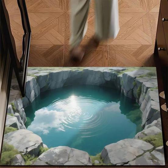 3D Optical Illusion Rug Realistic Hole Doormat Non-Slip Bottom Entrance Rug Floor Mat for Front Door Kitchen Bathroom Home Decor