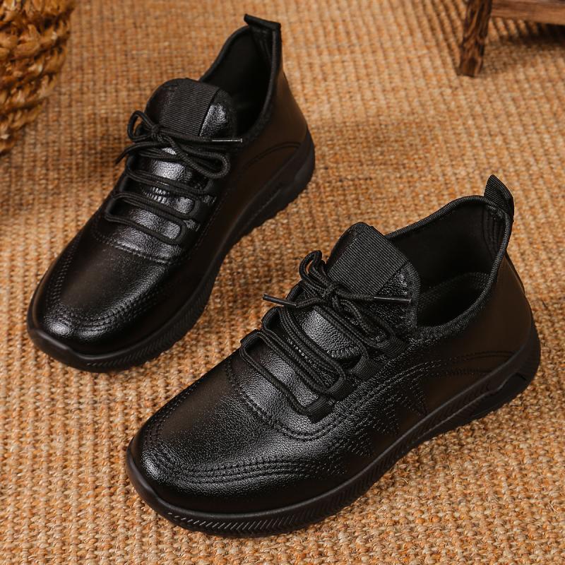 Fashion Classic Pu Solid Black Lace Up Sneakers Women 2025 Autumn Round Toe Stitching Decoration Casual Shoes Soft Sole Non Slip Shoes
