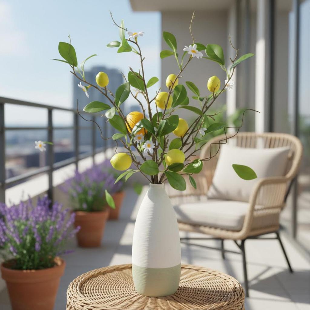 Plastic Lemon and Silk Daisy Arrangement with Iron Stem for Stable Upright Display in Vase or As Standing Decor Element