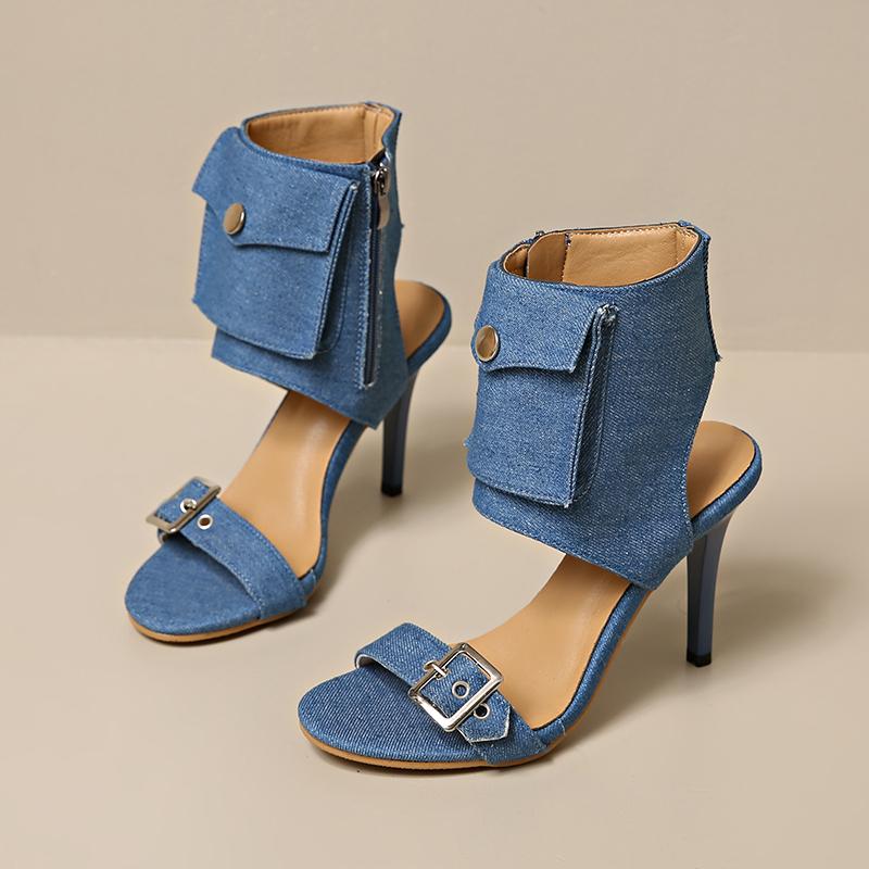 Open Toe Stiletto Cooling Boots Summer Pointed Toe Fashion Metal Belt Buckle Side Zipper Non-Slip Wear-Resistant High Heels