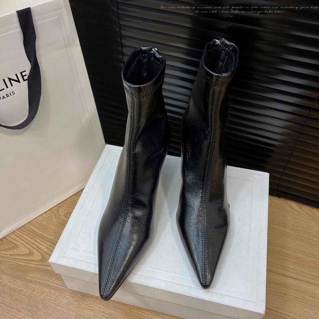 Cowhide version~ Korean version of retro style temperament pointed head high heel short boots women's rear zipper thin heel leather short thin boots